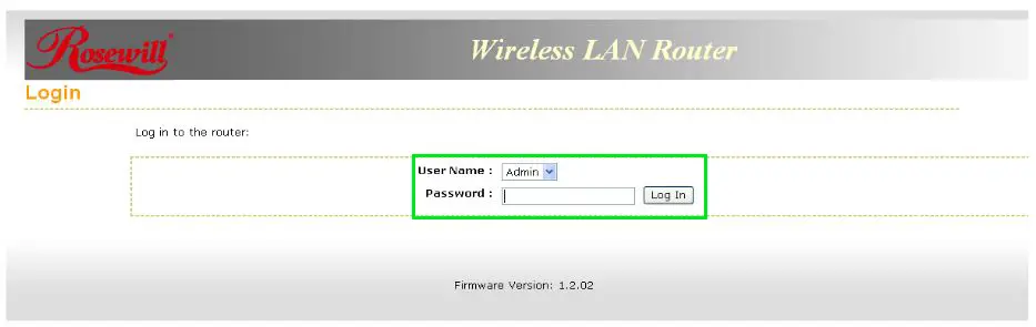 Example of a login screen of Rosewill RNX-R4 wireless router
