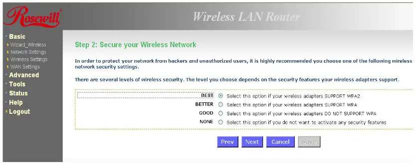 Select wireless security protocol (preferably WPA2) and click Next