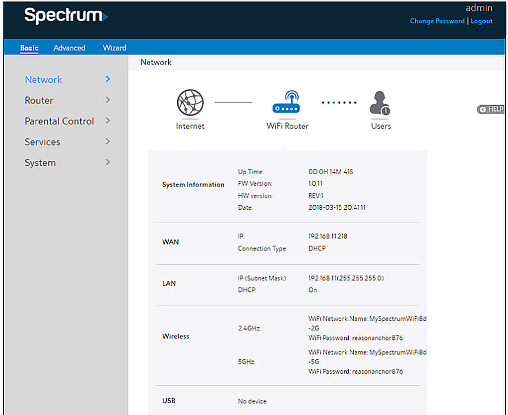 Spectrum router dashboard