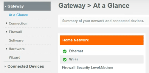 the Comcast router admin page