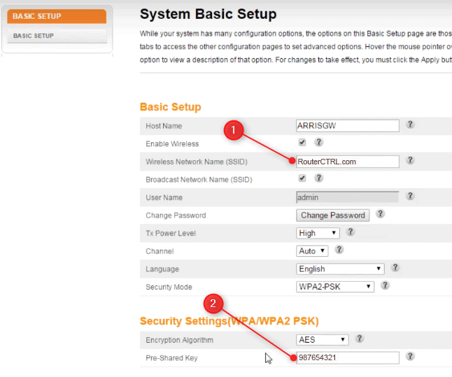 Changing the wireless settings on Arris router