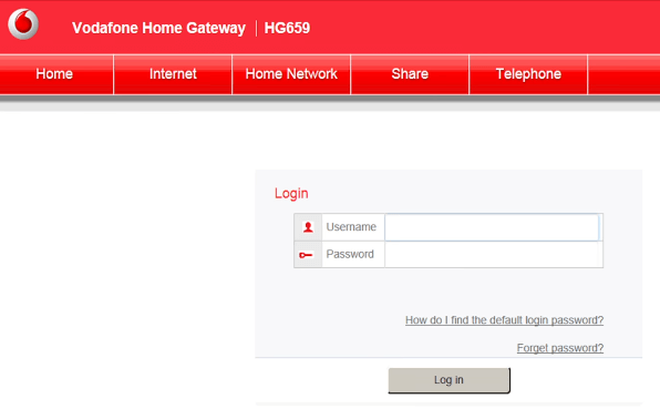 Vodafone router login page