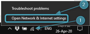 Wireless network icon and Open Network and Internet settings