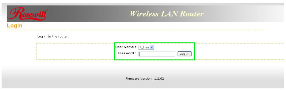 Example of a login screen of Rosewill RNX-R4 wireless router