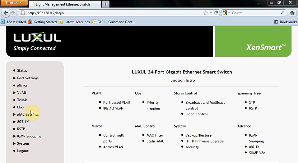 Luxul XMS-1024 configuration window