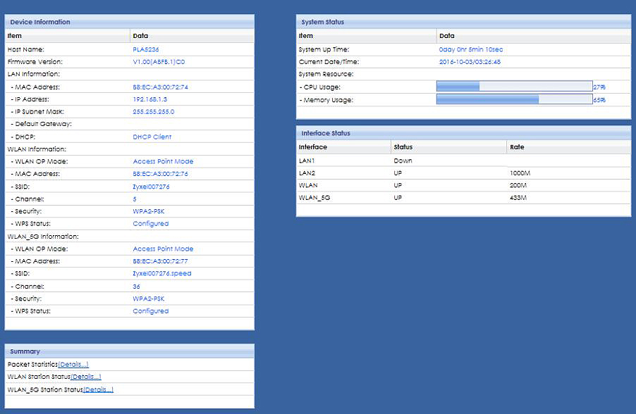 Zyxel PLA5236 status screen