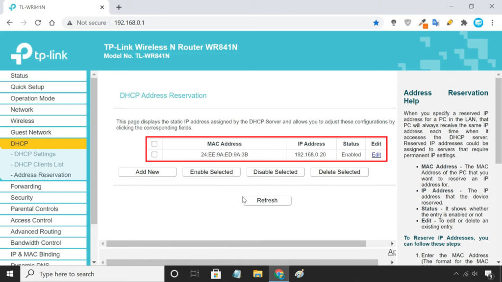 DHCP reservation