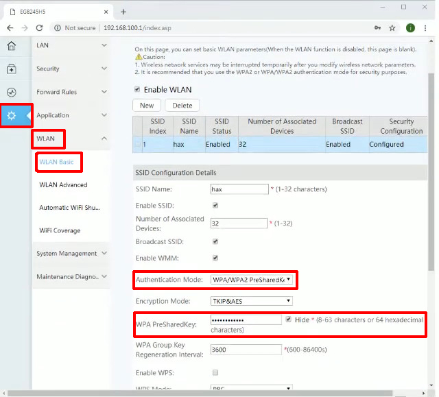 WLAN dropdown menu