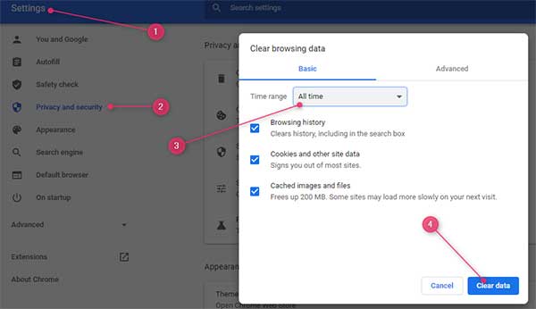 clear cache and cookies in Google Chrome