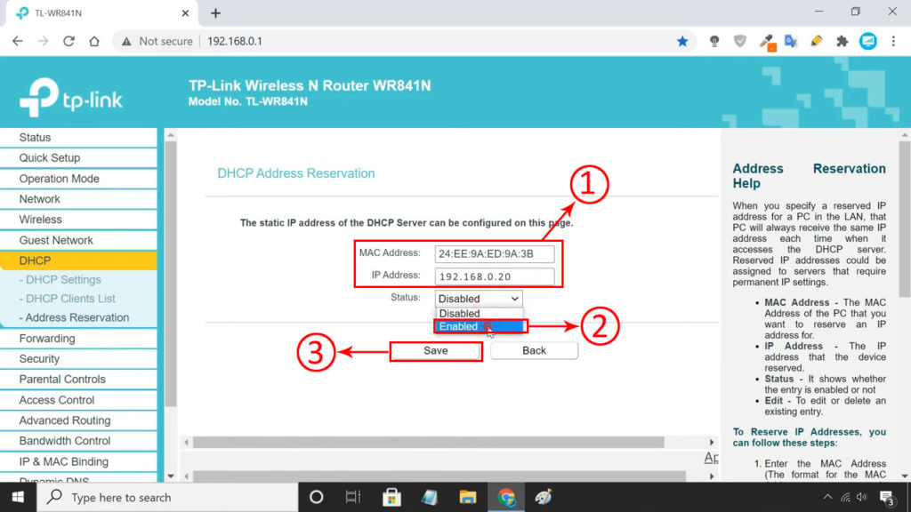 enable DHCP reservation