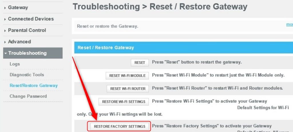 xfinity gateway restore factory settings