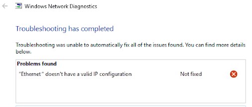 Ethernet doesn’t have a valid IP configuration