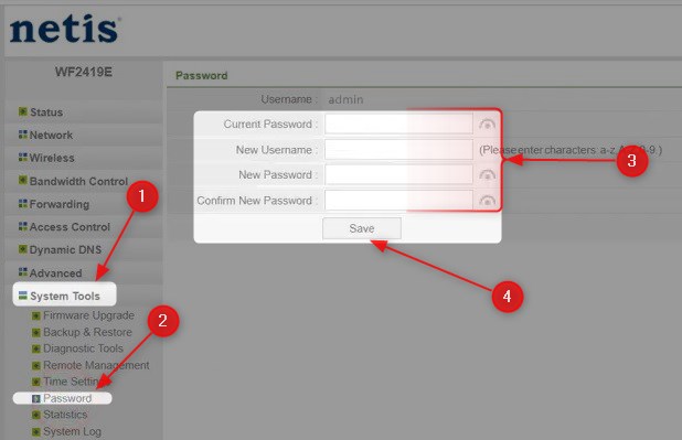 Change Netis admin username and password