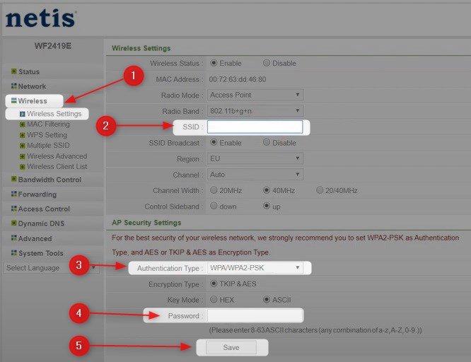 Change SSID and  WiFi password on netis router