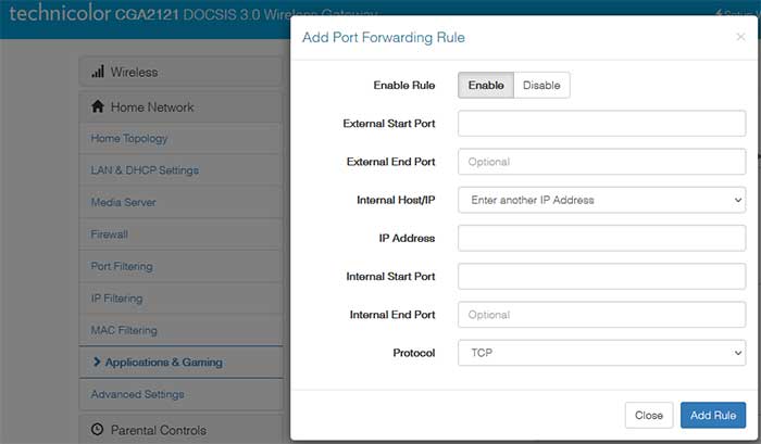 add port forwarding rule on Technicolor router