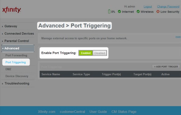 xfinity router port triggering