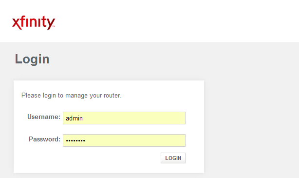 Xfinity default administrator credentials