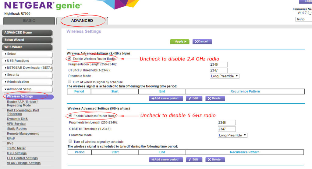 Advanced Wireless Settings page