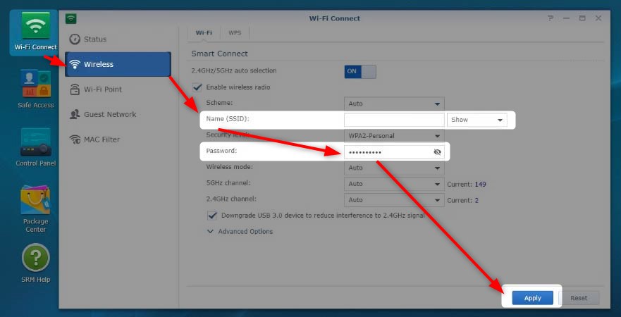 Change Synology WiFi name and password