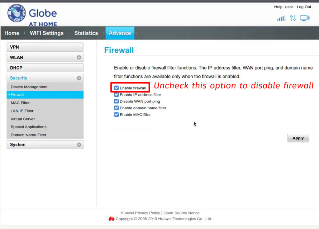 Disable firewall