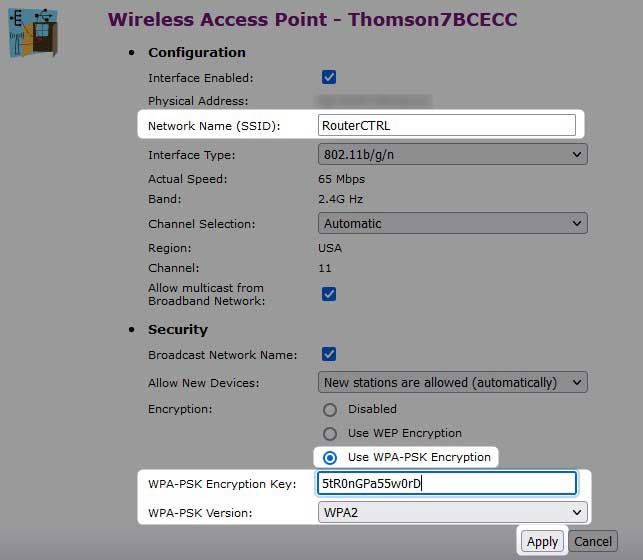 WiFi name and password change on Thomson router