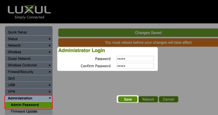 change Luxul admin password