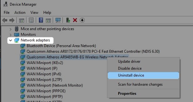 unistall network adapter driver