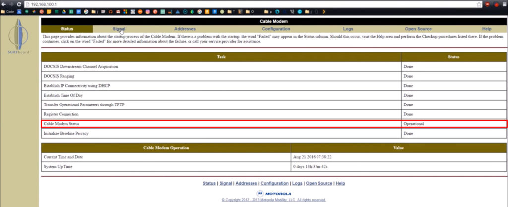 Cable modem status