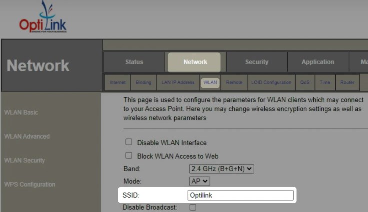 Change SSID on Optilink router