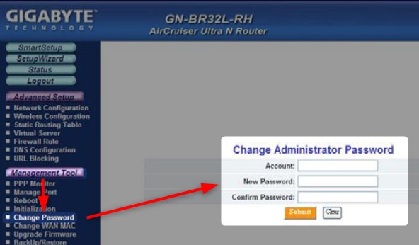 Change the admin password on Gigabyte router