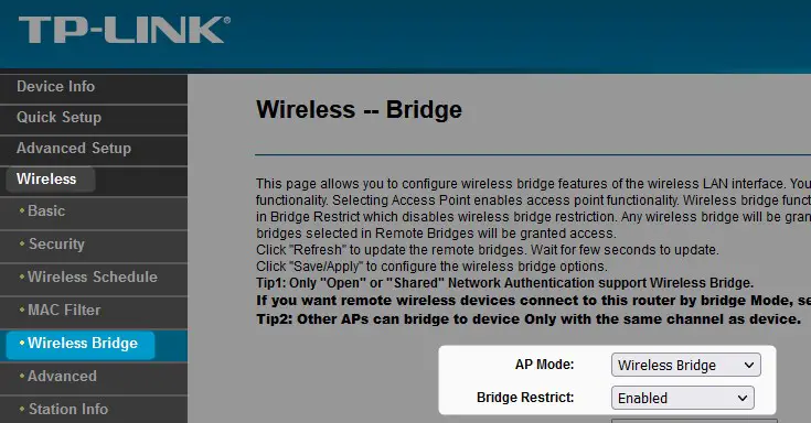 Enable Wireless Bridge on TP-Link router