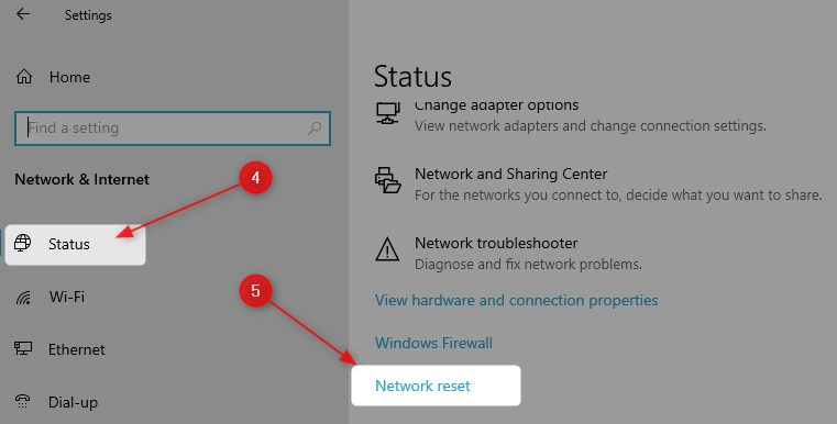 Select Status and then Network Reset