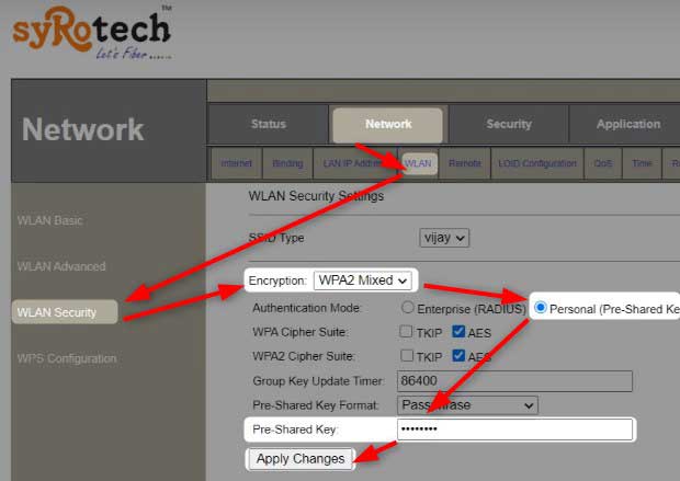 Change WiFi password on Syrotech router