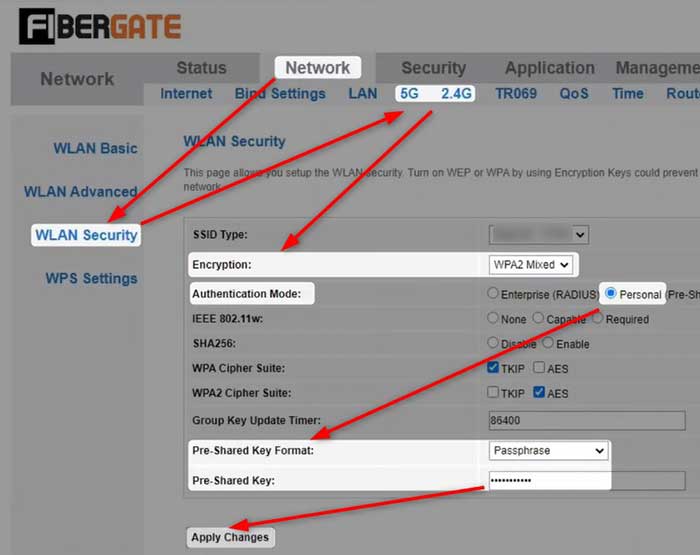 FiberGate WLAN Security Settings