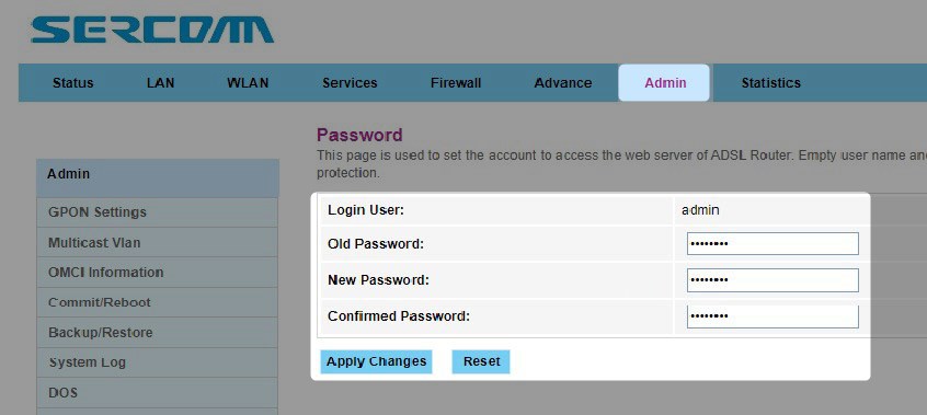 Change Sercomm admin password