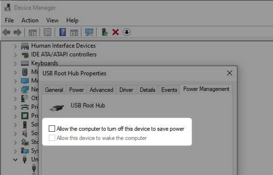 Uncheck Allow the computer to turn off this device to save power