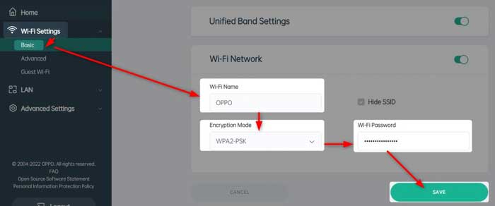 Change WiFi name and password on OPPO router