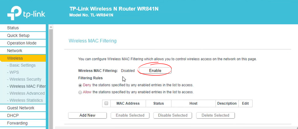 Wireless MAC Address Filter