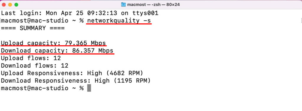 networkquality -s or networkquality -v