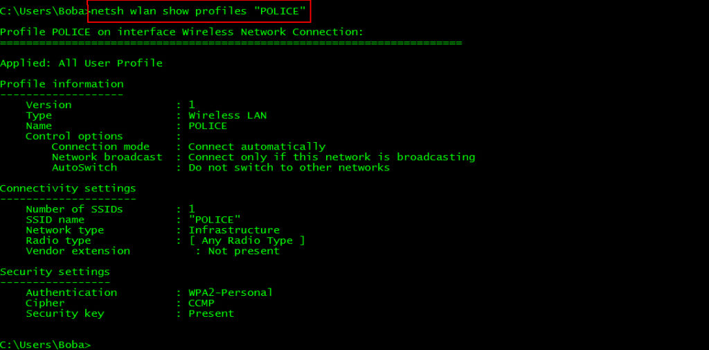 type netsh wlan show profiles