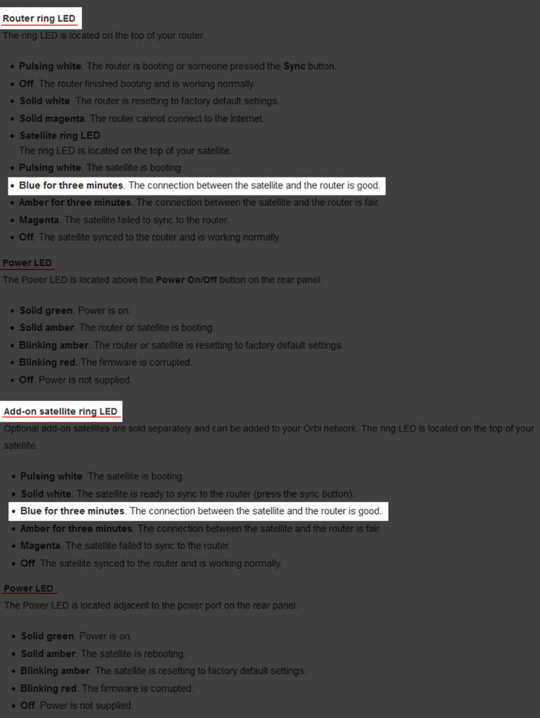 Orbi router/satellite blue light meaning
